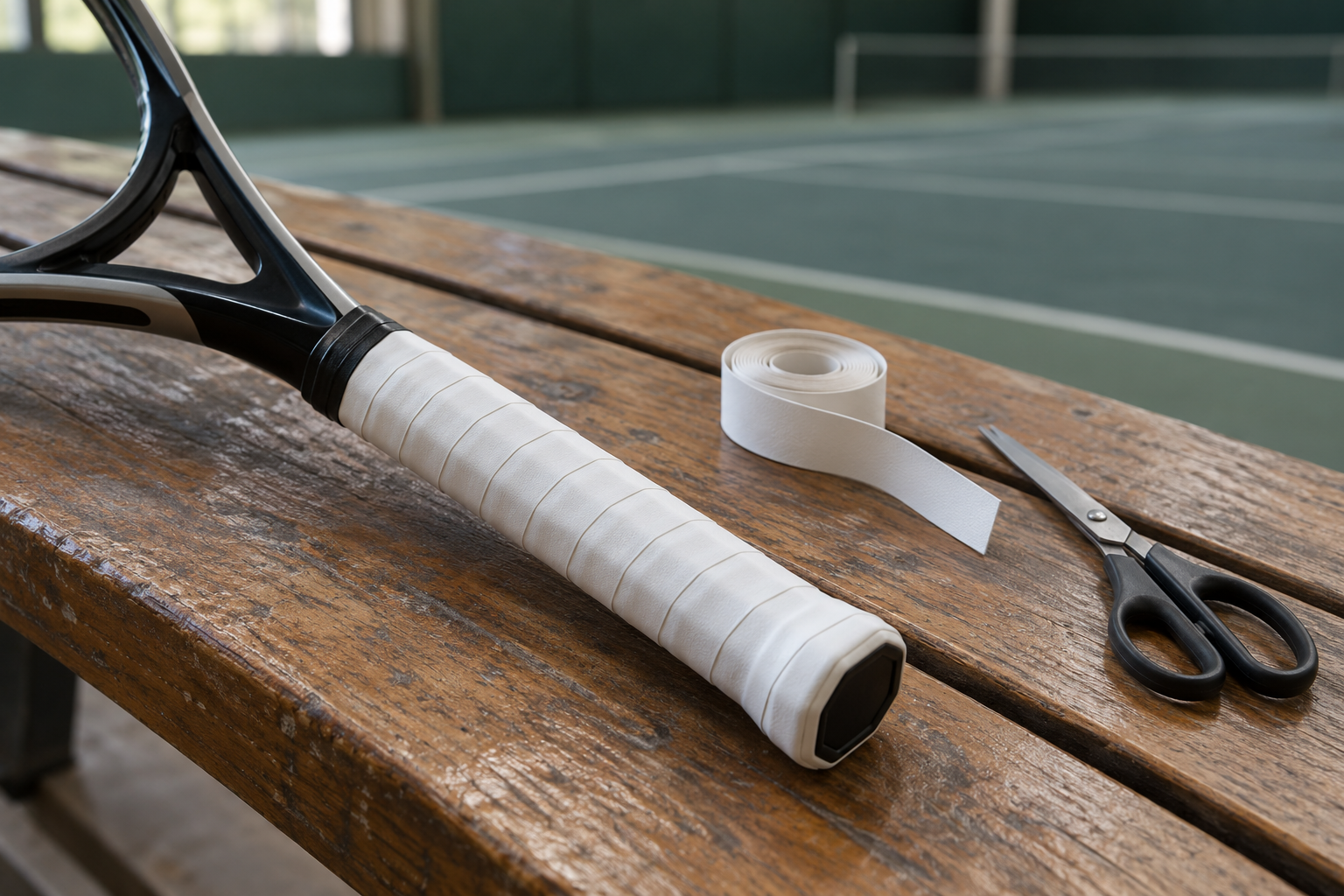 Tennisschlägergriff mit weißem Overgrip, daneben ein Ersatzband und eine Schere auf einer Holzbank.