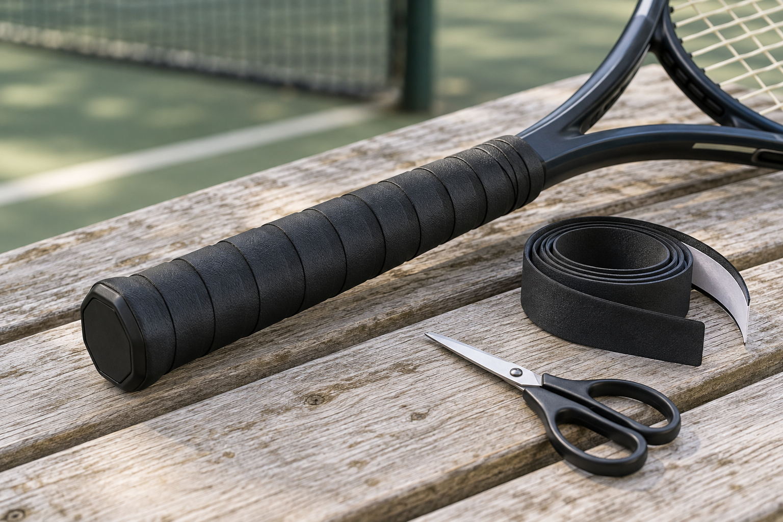 Tennisschlägergriff mit schwarzem Basisgriffband, Ersatzband und Schere auf einer Holzbank