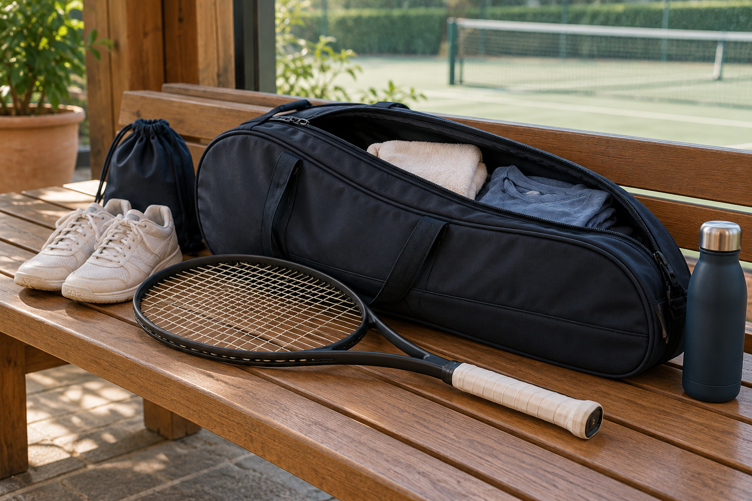 Offene dunkelblaue Tennistasche mit Handtuch und Shirt; daneben Schläger, Schuhe, Schuhbeutel und Trinkflasche auf einer Holzbank.