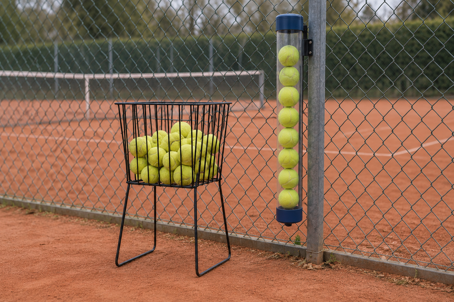 Ballkorb mit gelben Tennisbällen und transparente Ballröhre am Zaun eines Sandplatzes