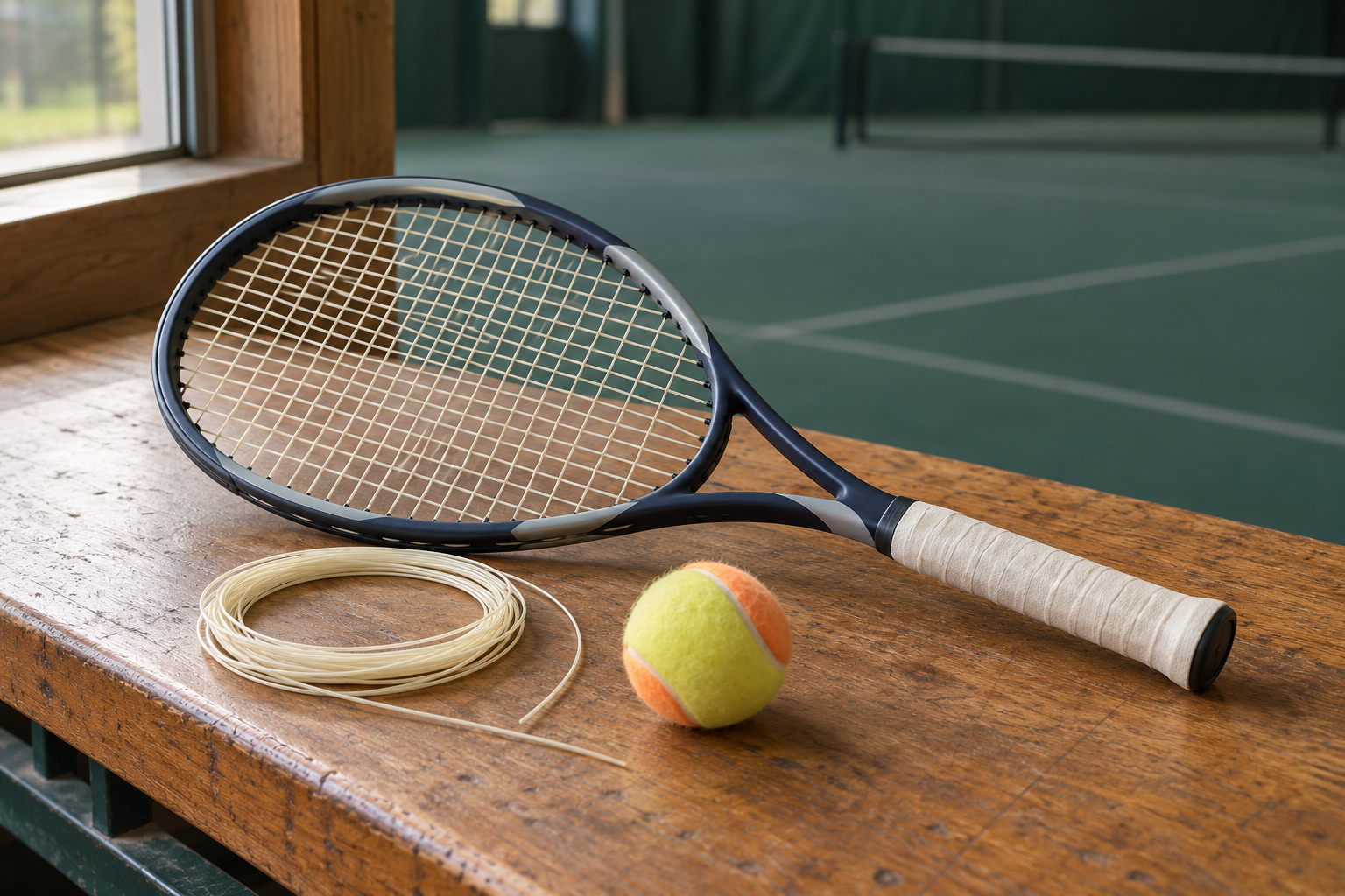 Junior-Tennisschläger mit heller Besaitung, loser Saite und orange-gelbem Tennisball auf einer Holzbank.