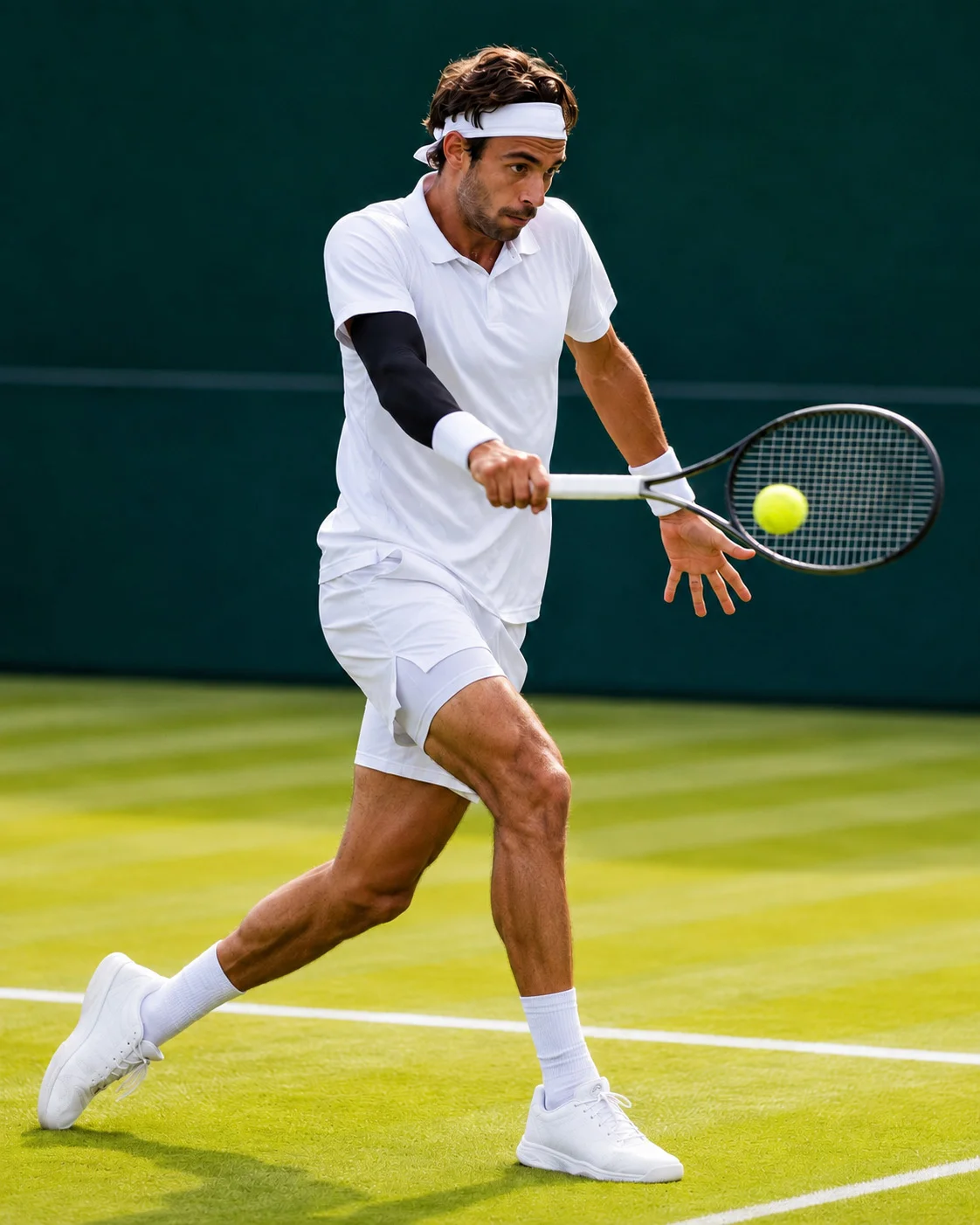 Tennisspieler trifft eine einhändige Topspin-Rückhand seitlich vor dem Körper