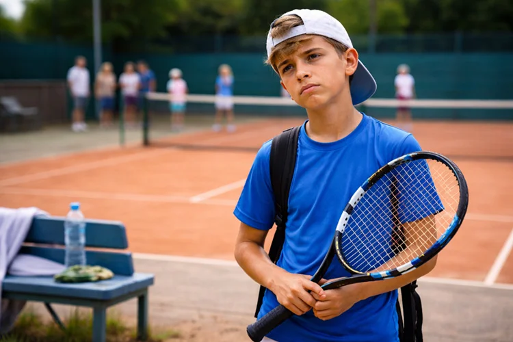 Ambitioniertes Kind im Jugendtennis steht ratlos am Seitenrand ohne Spielzeit