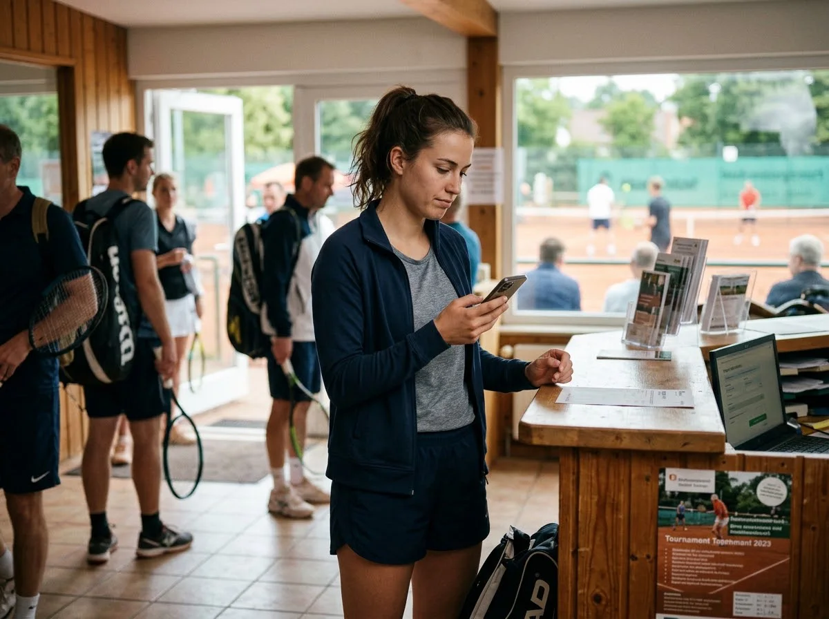 Tennisspielerin prüft am Turnierschalter ihre digitale Anmeldung