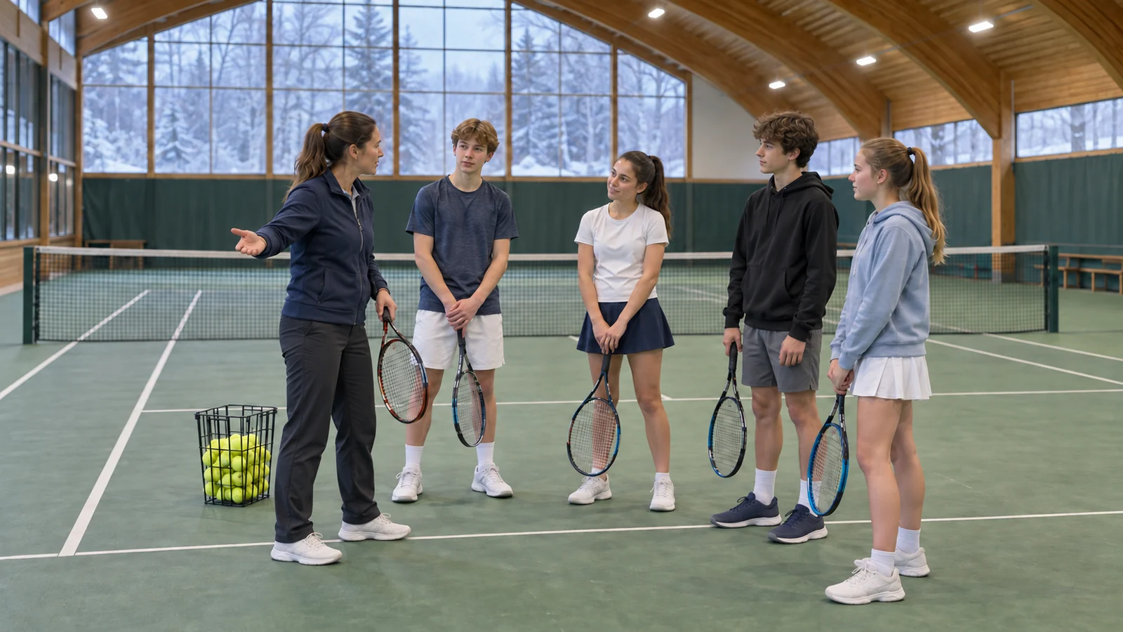 Jugendliche hören einer Trainerin beim gemeinsamen Tennistraining in einer Halle zu.