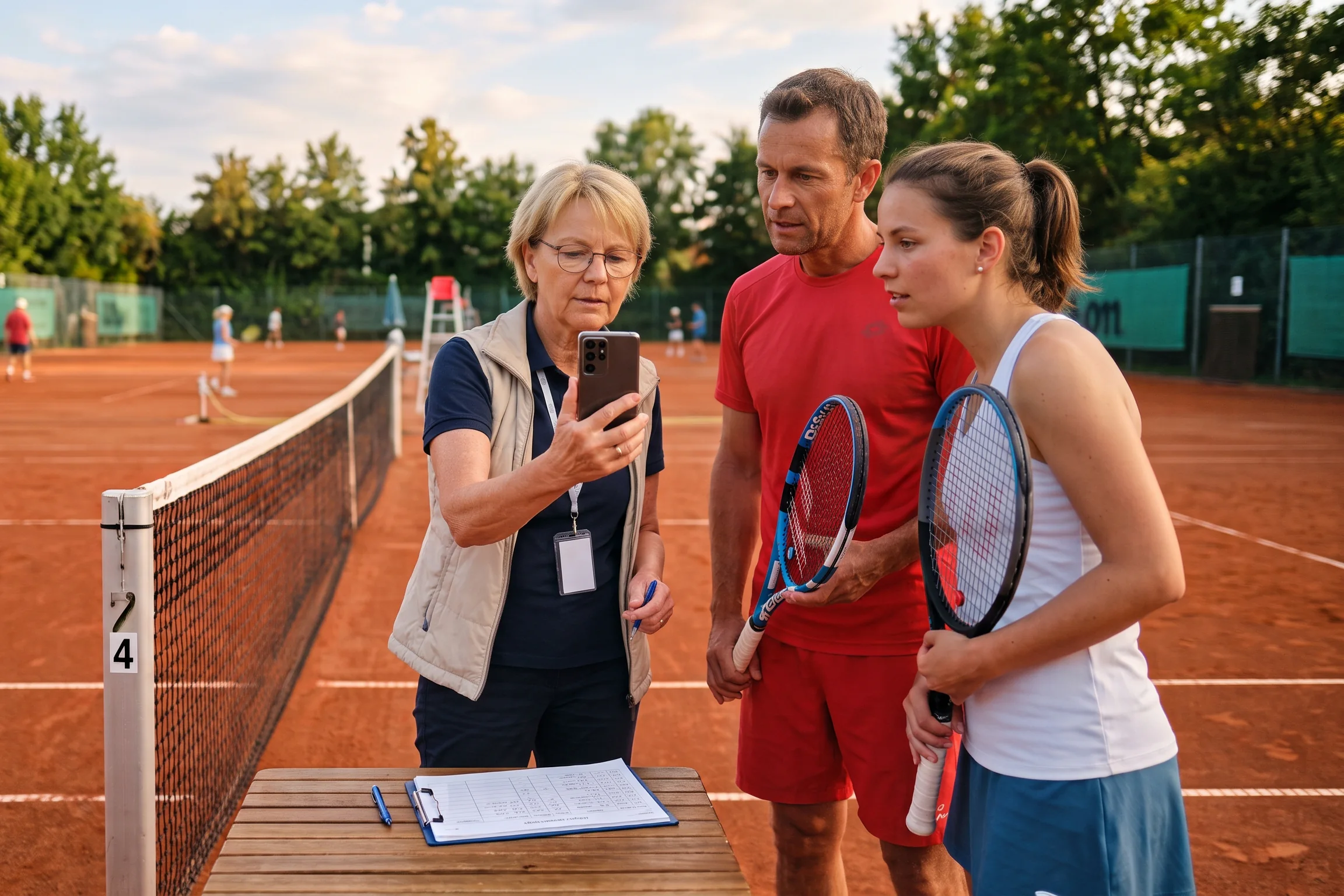 Turnierleitung und Tennisspieler stimmen während einer Systemstörung Spieltermine anhand eines Smartphones und eines ausgedruckten Spielplans ab.