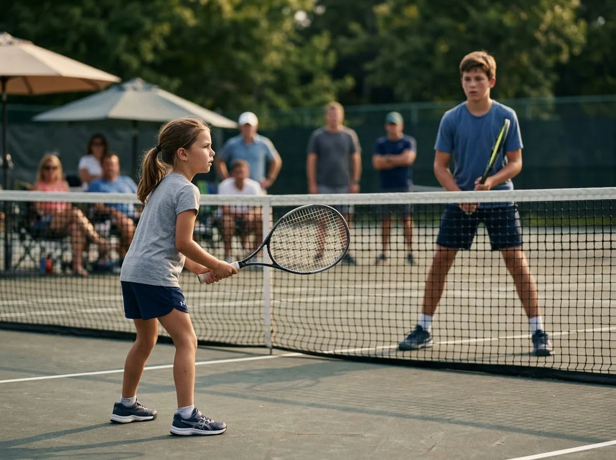 Junge Tennisspielerin tritt gegen einen älteren Jugendlichen an