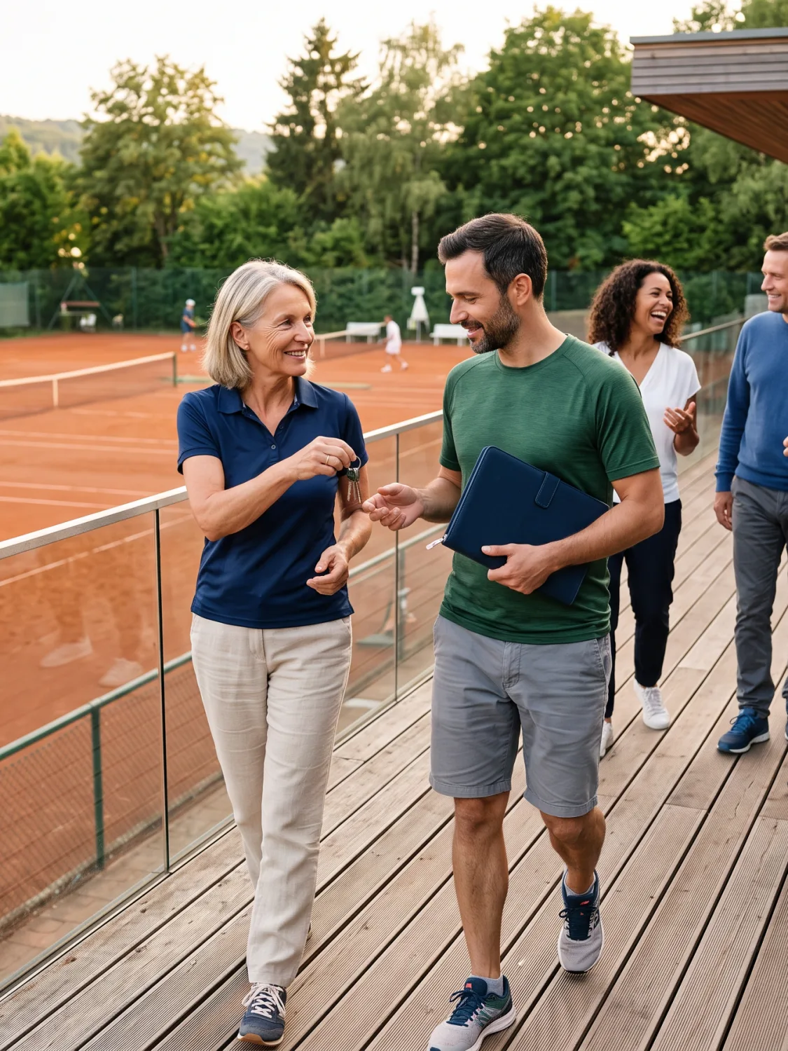 Mitglieder eines Tennisvereins besprechen die Übergabe von Vorstandsaufgaben auf der Clubanlage