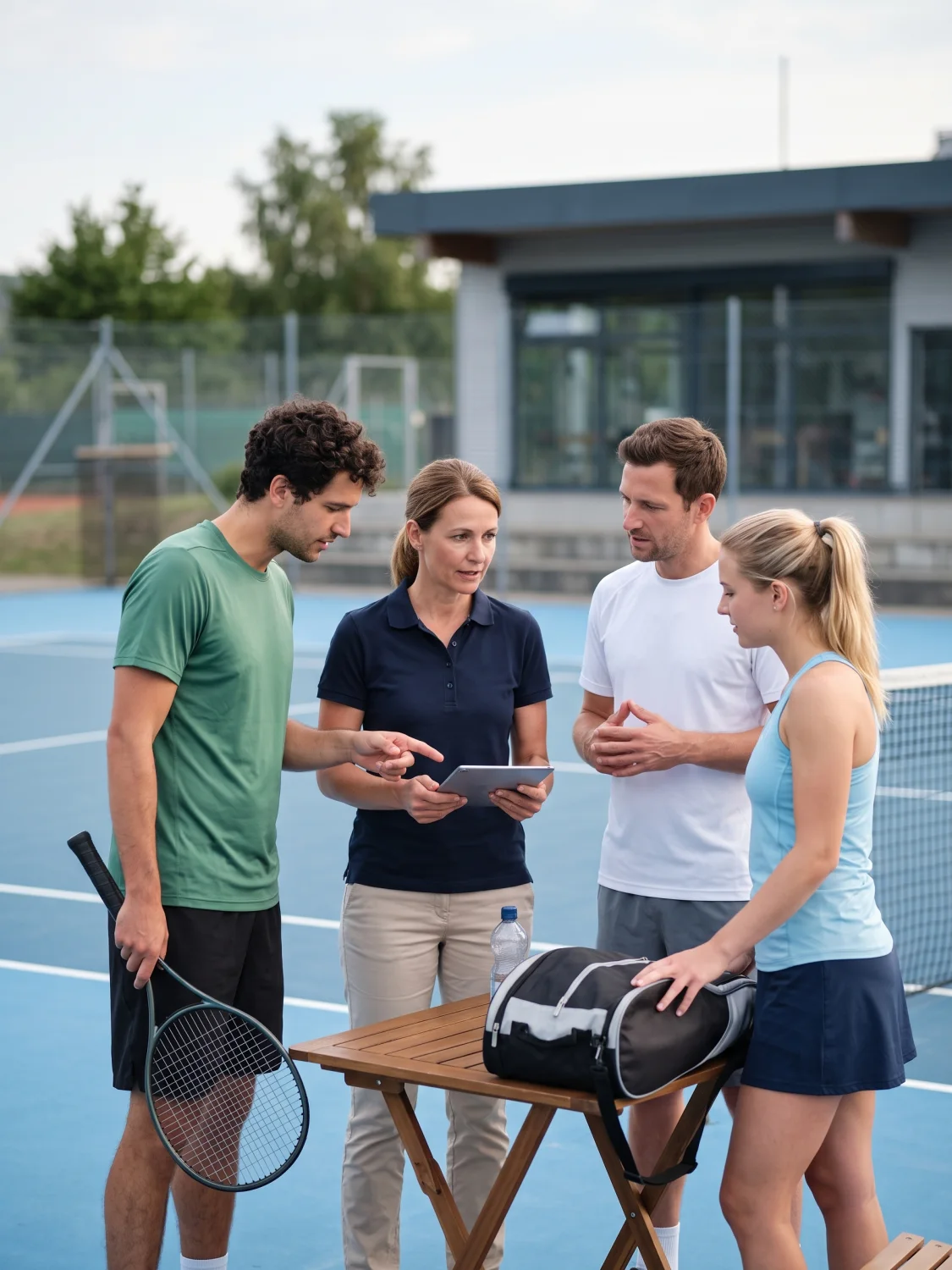 Sportwart und Mannschaftsspieler prüfen gemeinsam eine namentliche Mannschaftsmeldung auf einem Tablet