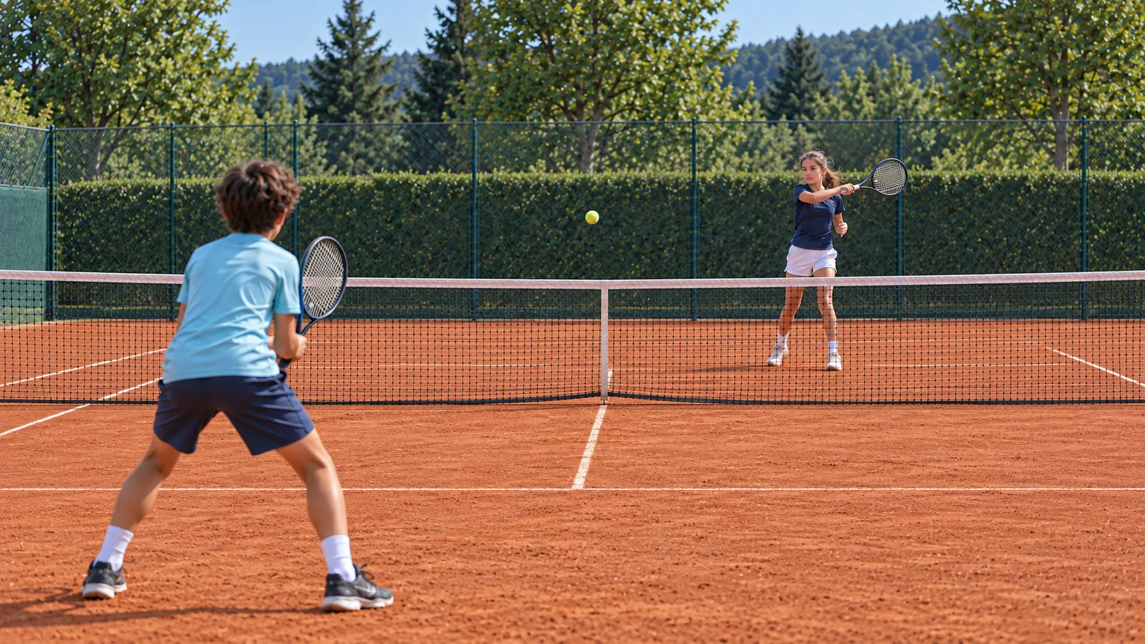 Zwei Kinder spielen Tennis auf einem Sandplatz; das Mädchen schlägt den Ball zum Jungen.