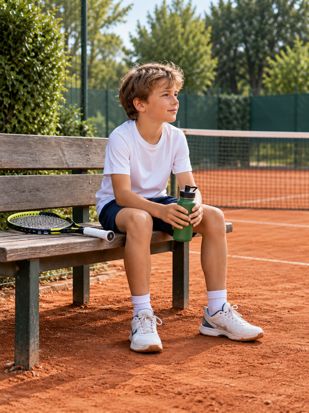 Kind mit Trinkflasche auf einer Holzbank am Sandplatz; daneben liegt ein Tennisschläger.