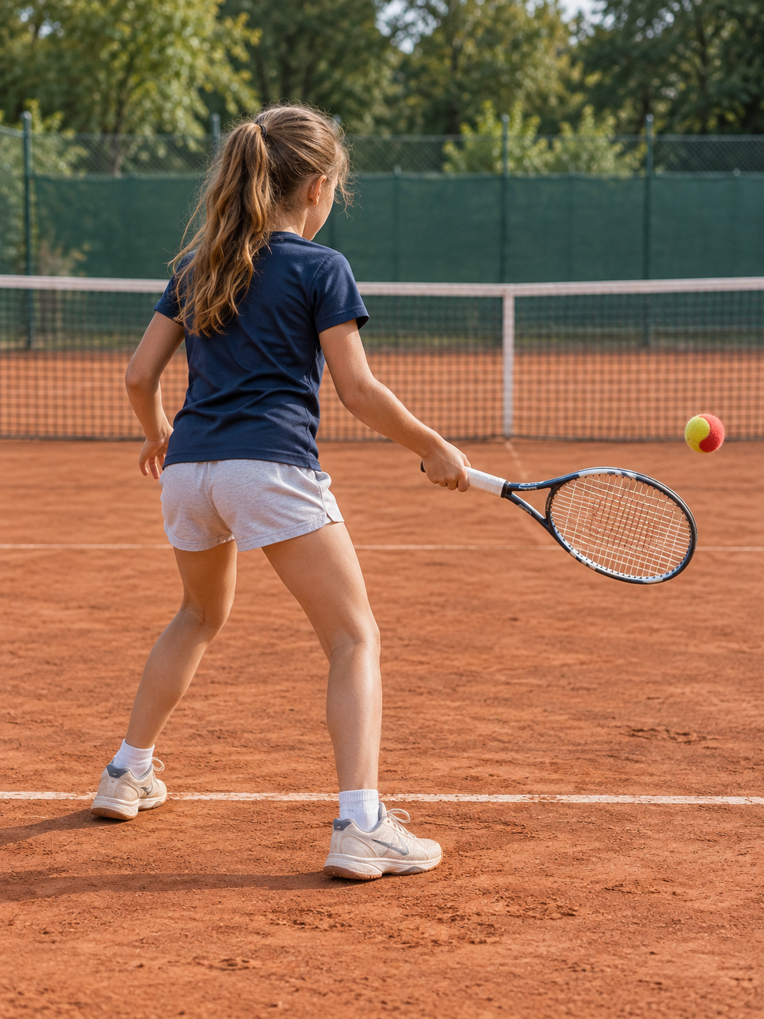Kind bereitet auf einem Sandplatz eine Vorhand mit seitlichem Abstand zum rot-gelben Ball vor.