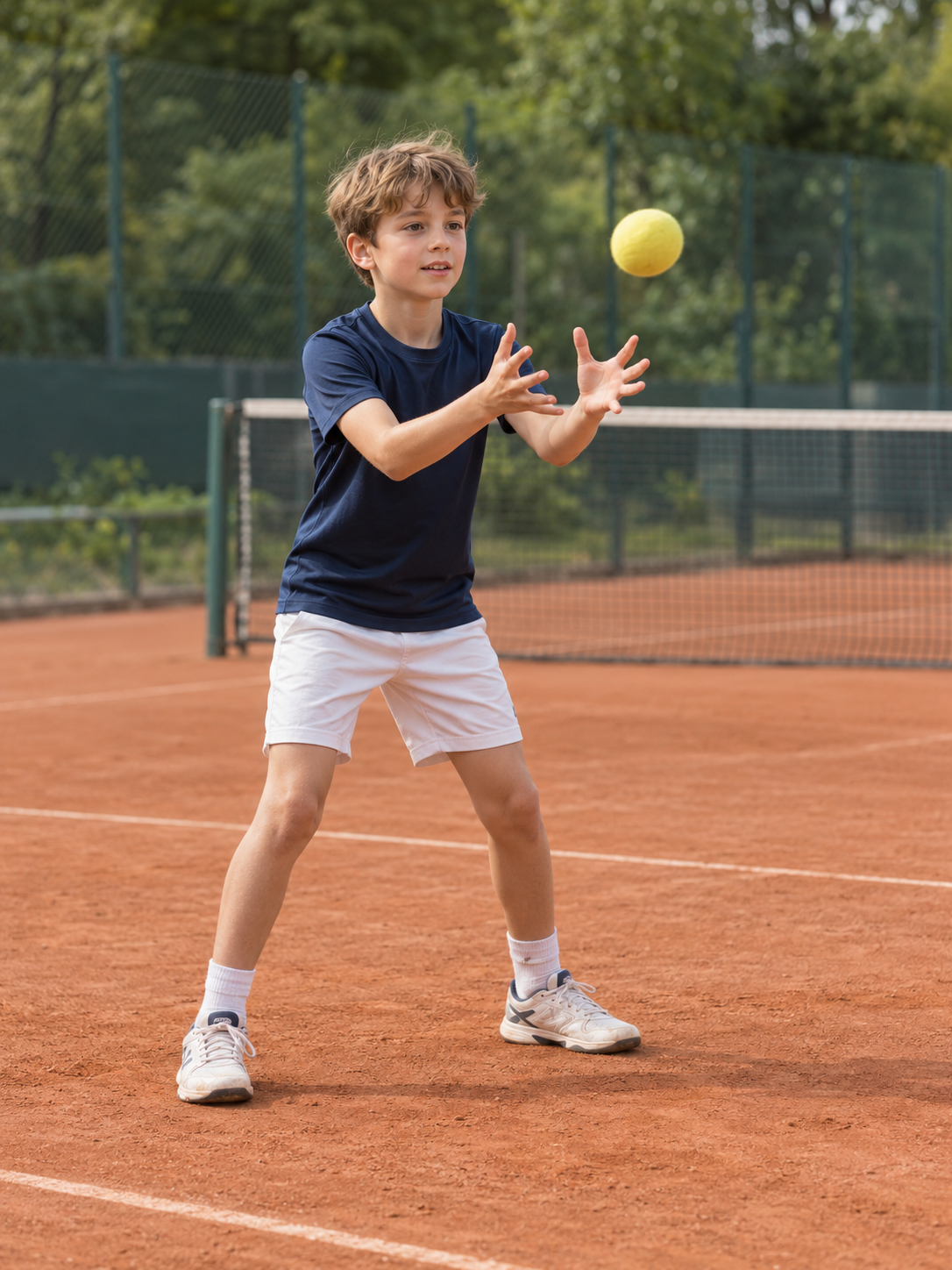 Kind auf einem Sandtennisplatz mit geöffneten Händen beim Fangen eines gelben Balls.