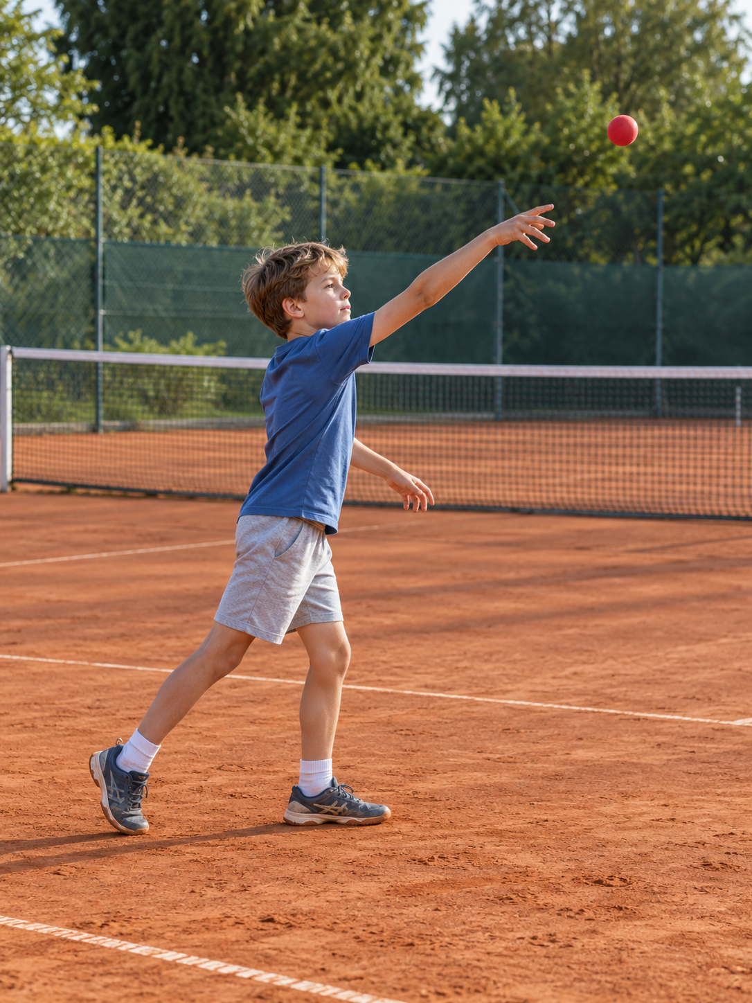 Kind auf einem Sandtennisplatz kurz nach einem Überkopfwurf mit einem roten Ball, ohne Schläger.