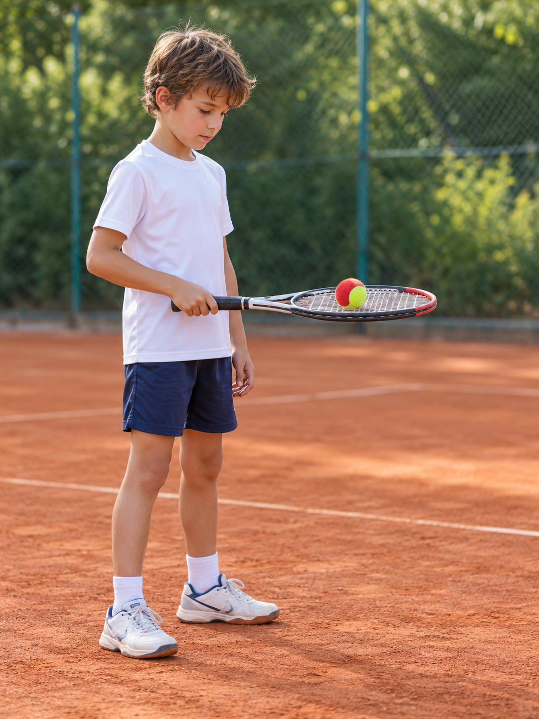 Kind auf einem Sandtennisplatz balanciert einen rot-gelben Ball auf der waagerechten Besaitung seines Schlägers.