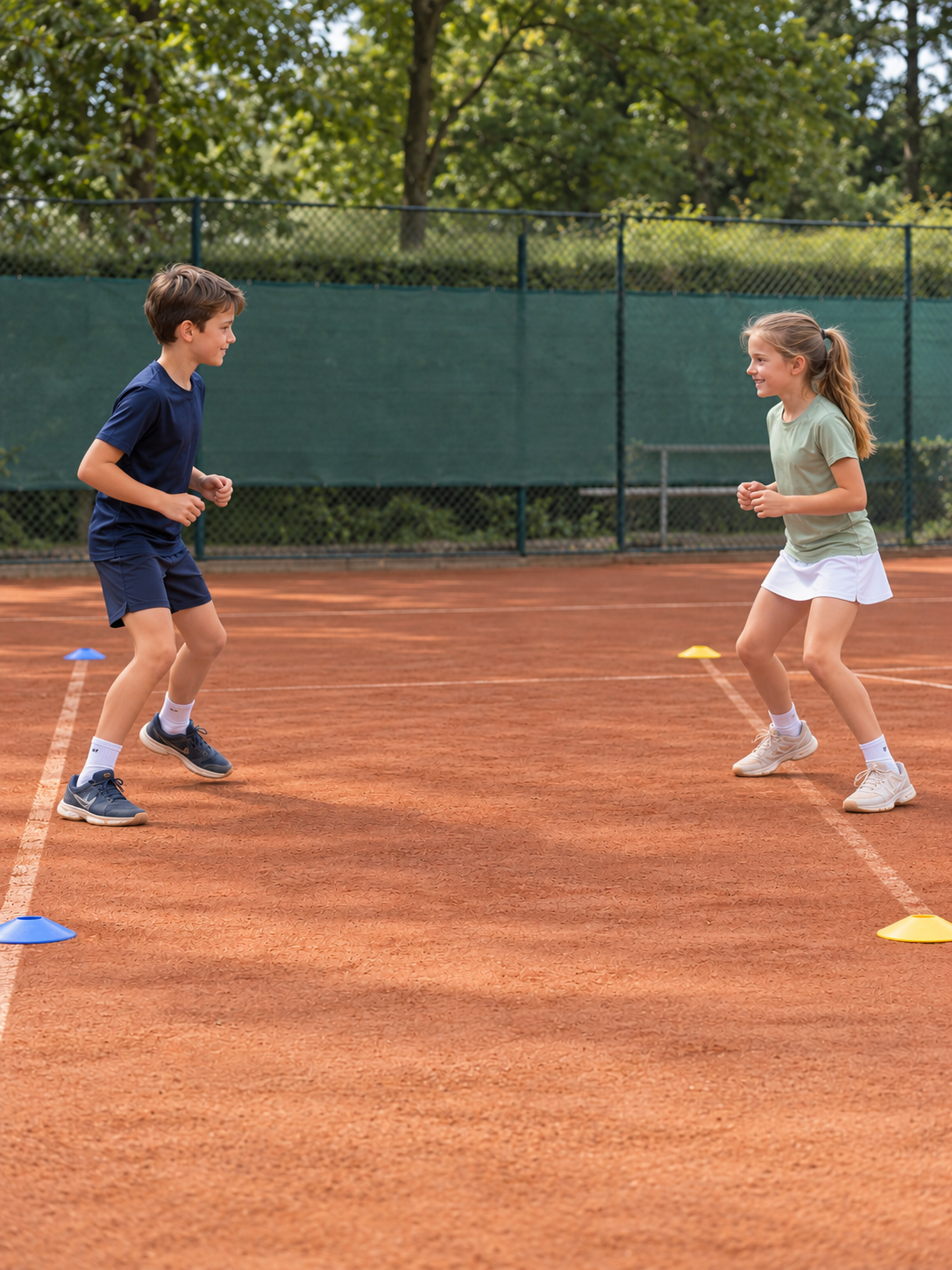 Zwei Kinder stehen sich auf einem Sandtennisplatz mit Abstand gegenüber und üben Beinarbeit ohne Schläger.