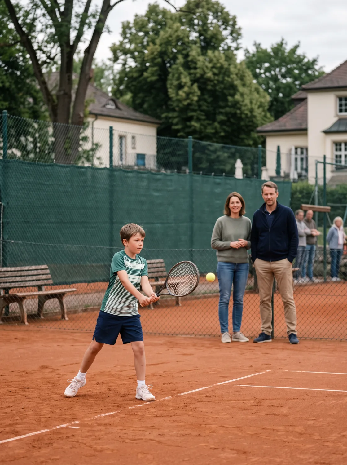 Junge spielt Tennis auf einem Sandplatz, während Erwachsene am Zaun zusehen (KI generiert)