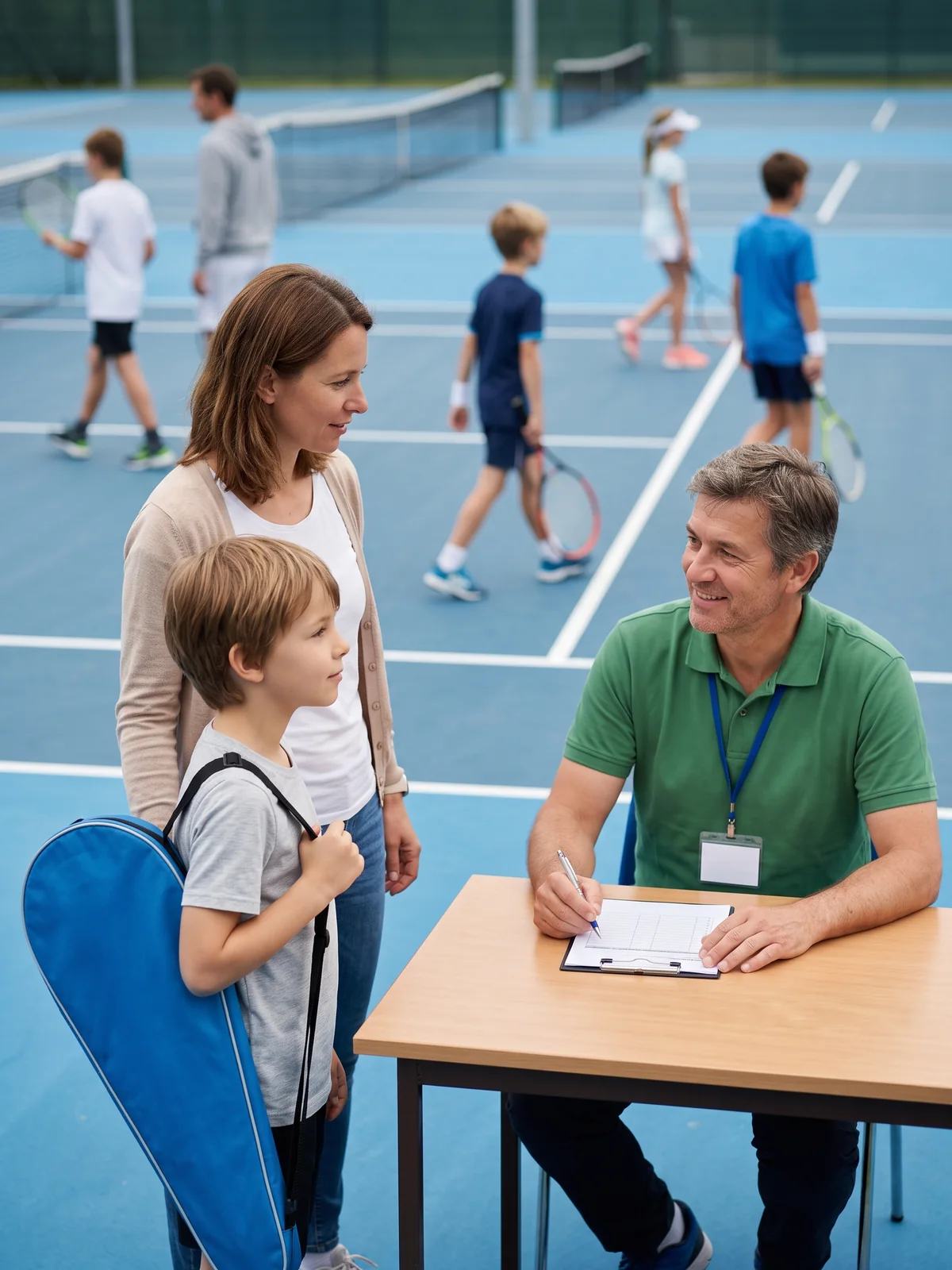 Kind meldet sich mit einem Elternteil beim ersten Tennisturnier an
