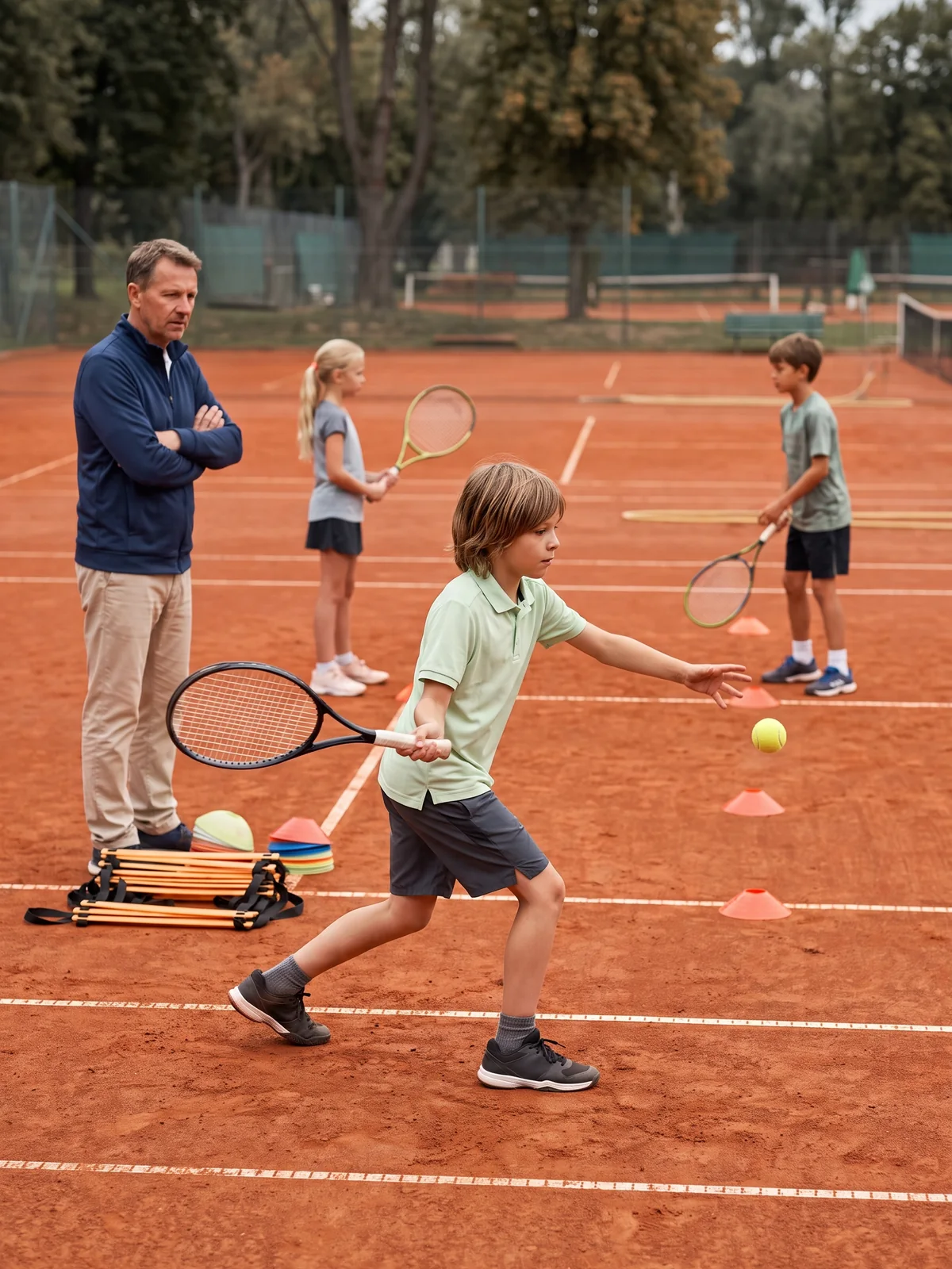 Kind trainiert konzentriert in einer leistungsorientierten Tennisgruppe