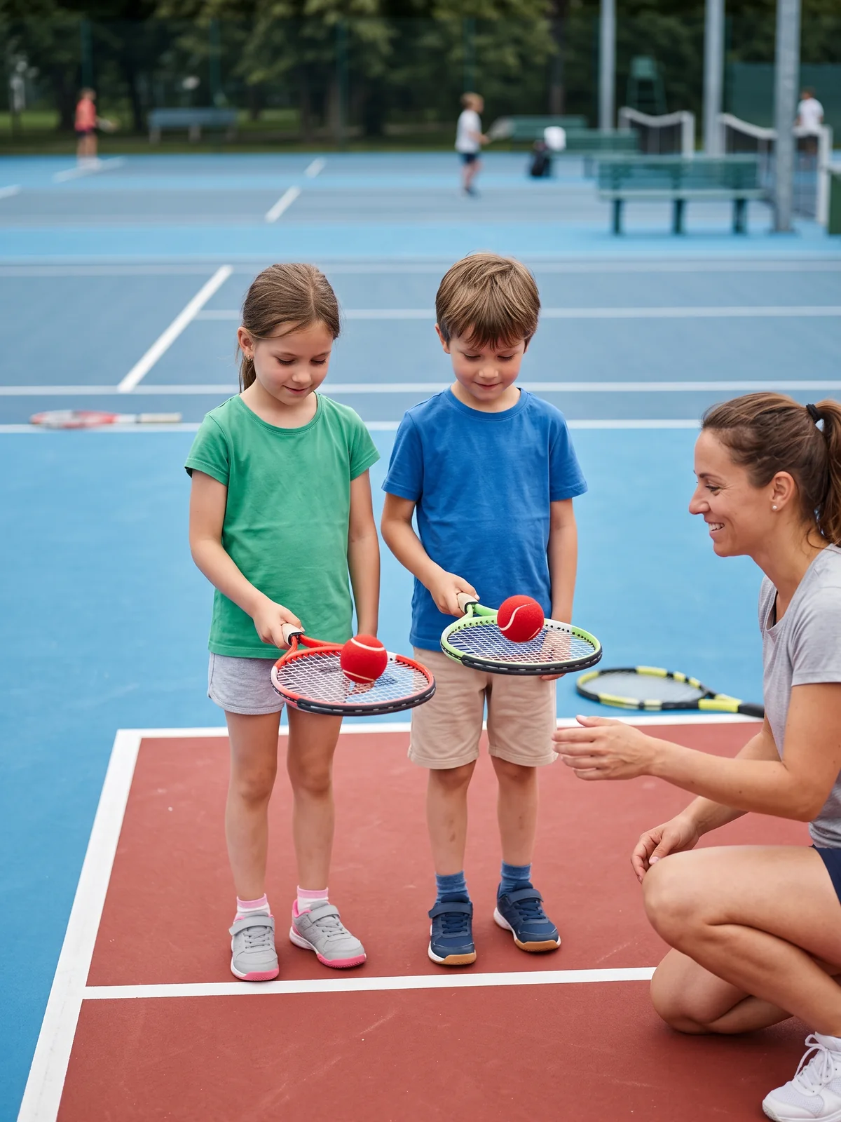 Kinder üben Ballkontrolle mit Tennisschläger und Methodikball