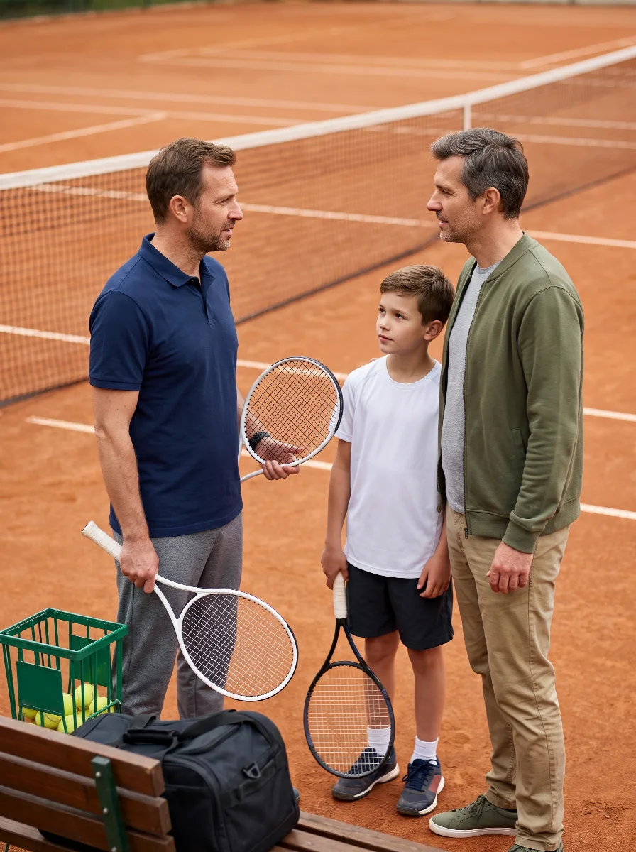 Trainer und Vater besprechen gemeinsam mit einem Kind einen möglichen Trainerwechsel im Jugendtennis