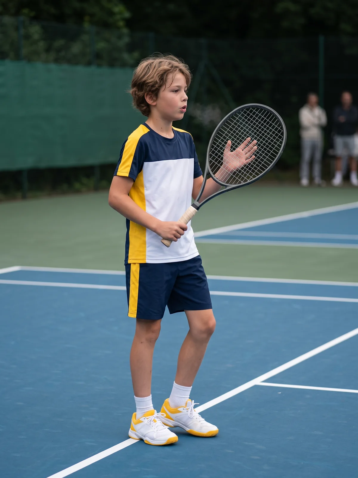 Kind konzentriert sich zwischen zwei Punkten auf dem Tennisplatz