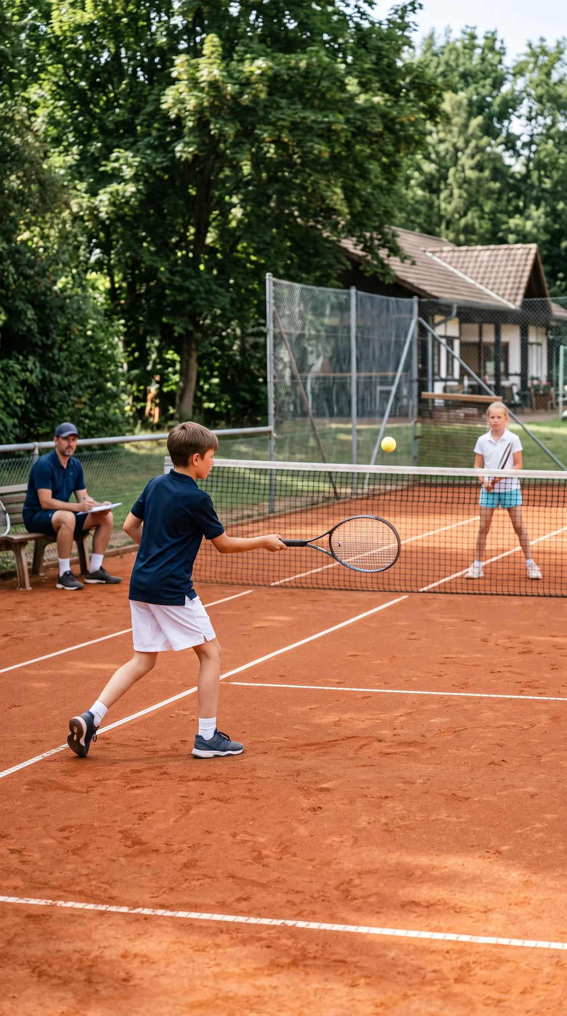 Kinder spielen ein begleitetes Kurzmatch im Tennistraining