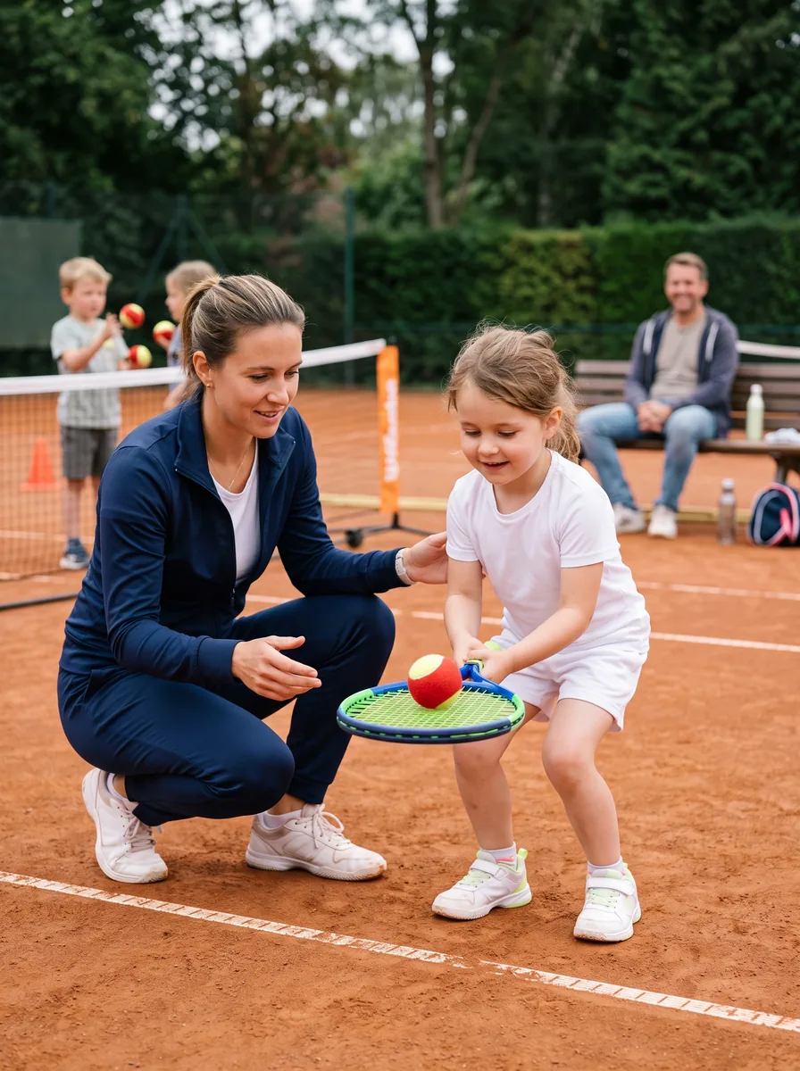 Trainerin hilft einem Mädchen, einen Kindertennisschläger mit rot-gelbem Ball zu halten.