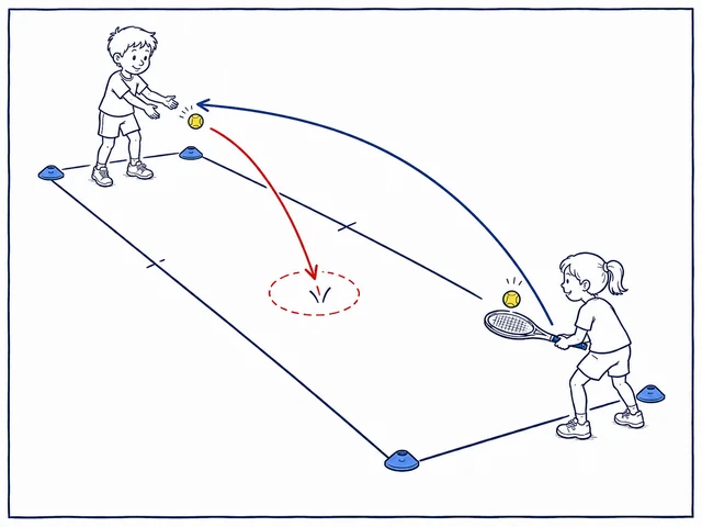 Ein Kind wirft einen Ball in eine markierte Zone, das gegenüberstehende Kind spielt ihn mit dem Schläger zurück.