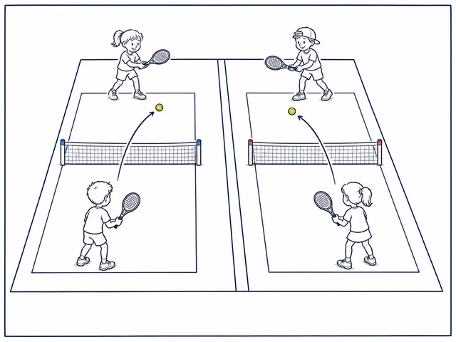 Kleinfeld mit zwei getrennten Spielspuren, in denen jeweils zwei Kinder einen Ballwechsel spielen.