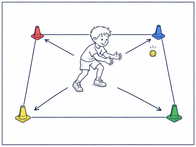 Kind läuft aus der Mitte eines markierten Quadrats zu einem farbigen Hütchen und fängt dort einen Ball.