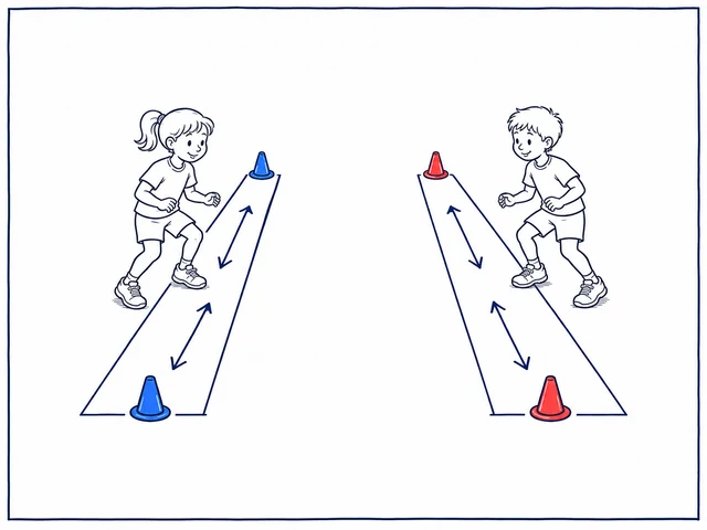 Zwei Kinder bewegen sich in parallelen, getrennten Hütchenkorridoren spiegelbildlich seitwärts.