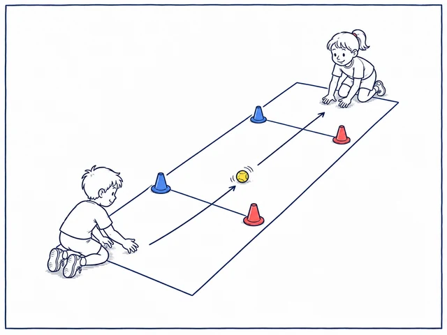 Zwei Kinder rollen sich in einer markierten Spur einen Ball durch ein Hütchentor zu.
