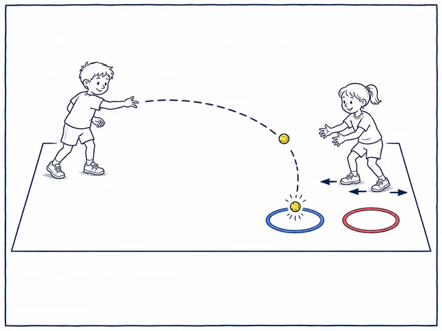 Ein Kind wirft, das andere bewegt sich zu einer linken oder rechten Fangzone und fängt den Ball nach einem Aufsprung.