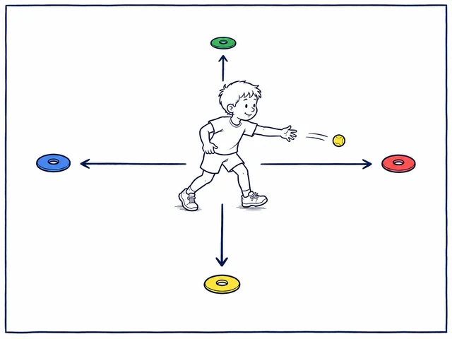 Kind steht zwischen vier farbigen Bodenmarkierungen und bewegt sich mit dem Ball zur aufgerufenen Farbe.