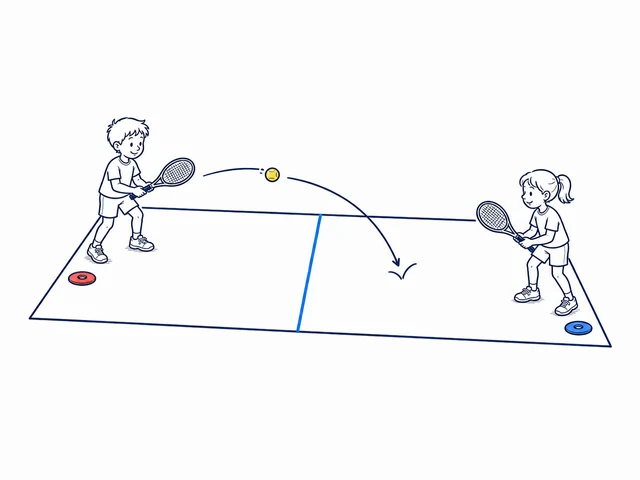 Zwei Kinder spielen einen Ball über eine flache Linie zwischen zwei kleinen Bodenfeldern.