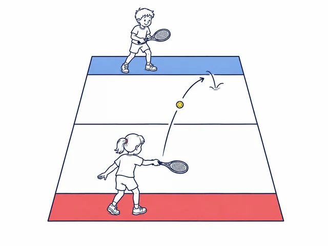 Zwei Kinder spielen in einem kleinen, durch eine Bodenlinie geteilten Feld auf markierte Endzonen.