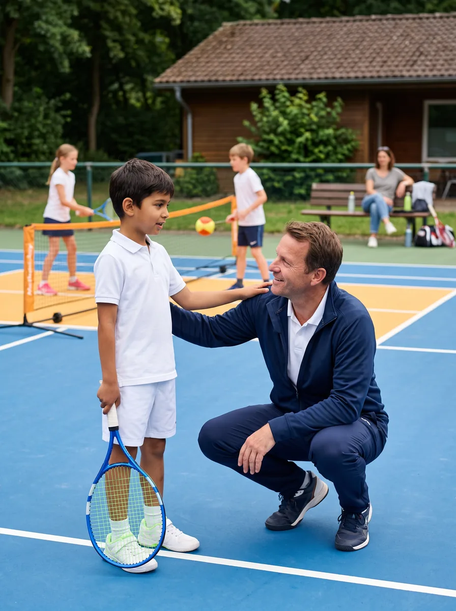 Junge mit Kindertennisschläger im Gespräch mit einem hockenden Trainer am Kleinfeld.