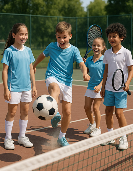 Kinder die Fussball und tennis spielen