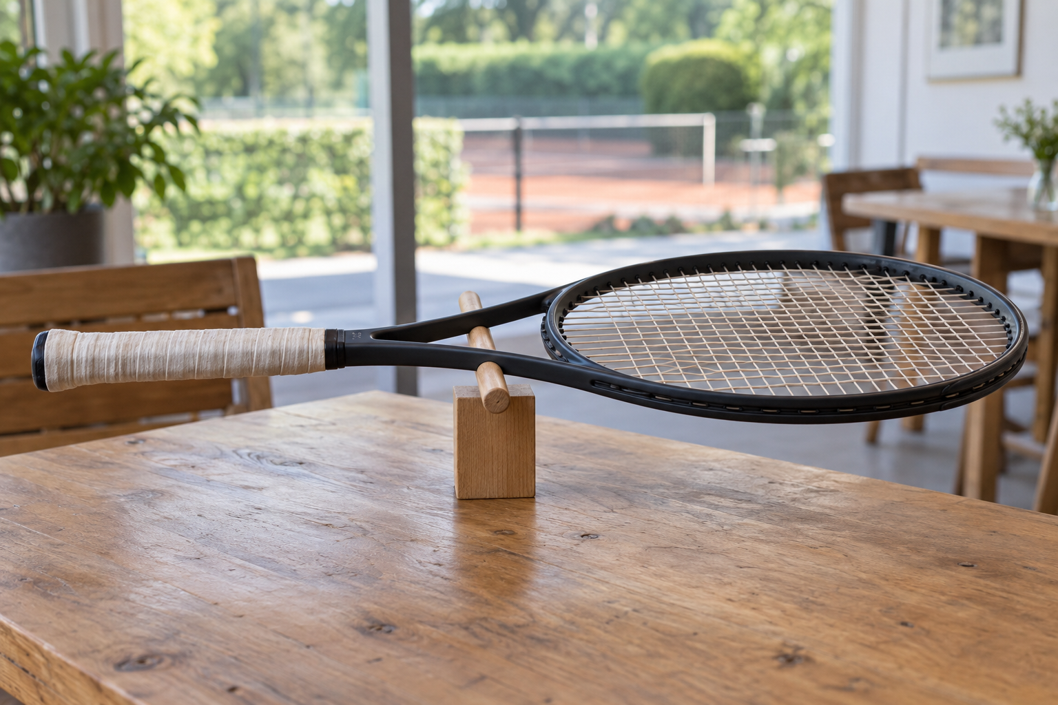 Tennisschläger mit hellem Griffband auf einer schmalen Holzauflage zur Veranschaulichung des Balancepunkts.