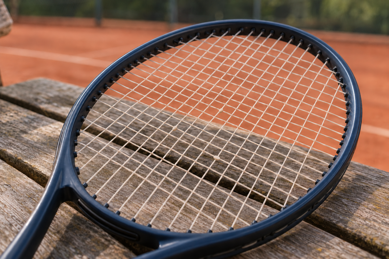 Nahaufnahme eines Tennisschlägers mit kleinen Saitenschonern an einzelnen Saitenkreuzungen.