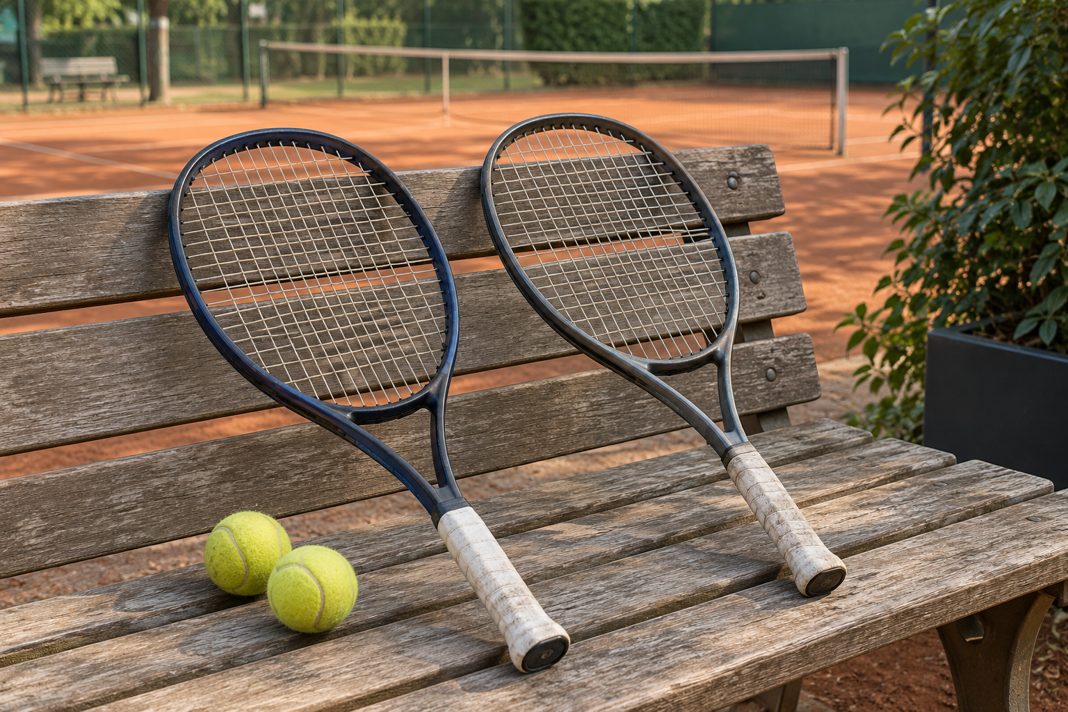 Zwei neutrale Tennisschläger und zwei Bälle auf einer Holzbank neben einem Sandplatz.