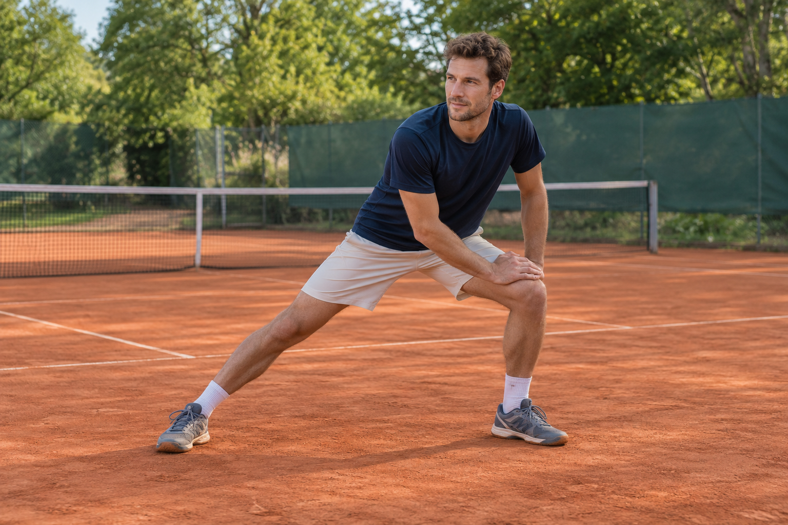 Tennisspieler beim kontrollierten seitlichen Ausfallschritt auf einem Sandplatz