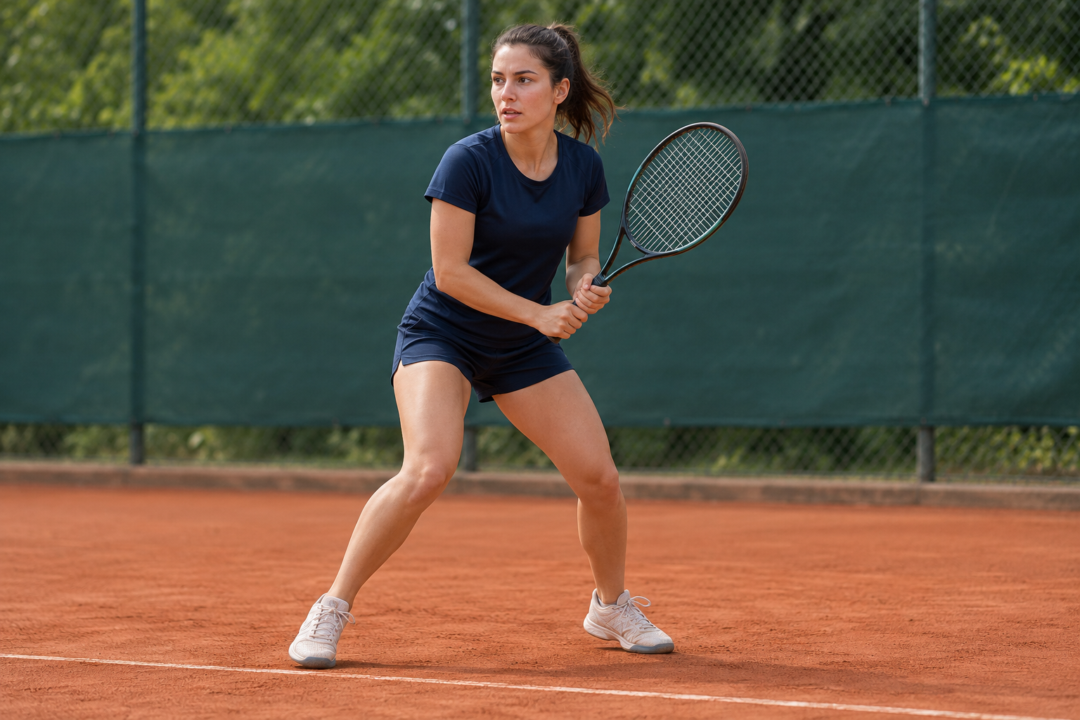 Tennisspielerin mit gebeugten Knien bei einer seitlichen Bewegung auf einem Sandplatz