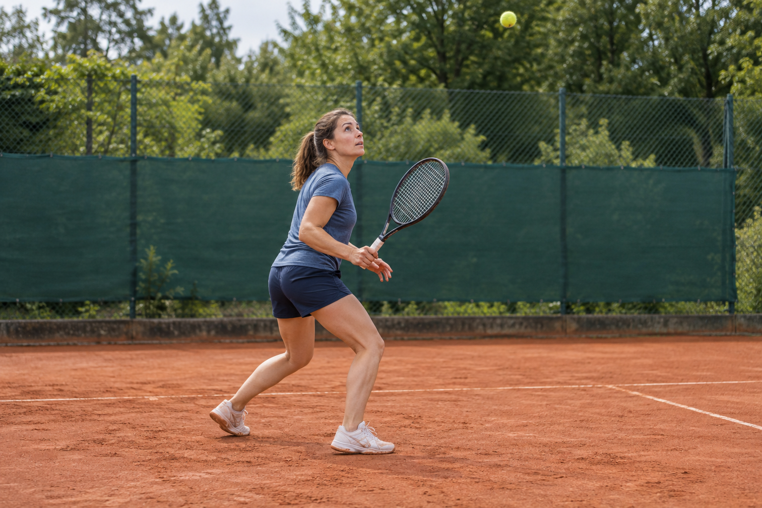 Tennisspielerin in seitlich gedrehter Haltung mit versetzten Füßen, die auf einem Sandplatz einen hohen Ball beobachtet.