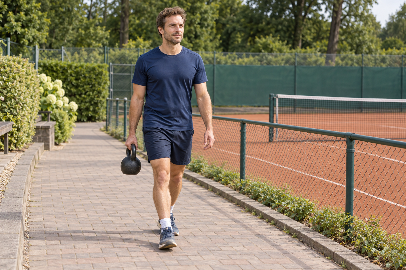 Tennisspieler beim Suitcase Carry mit einer Kettlebell in einer Hand auf einem ebenen Weg neben einem Sandplatz.