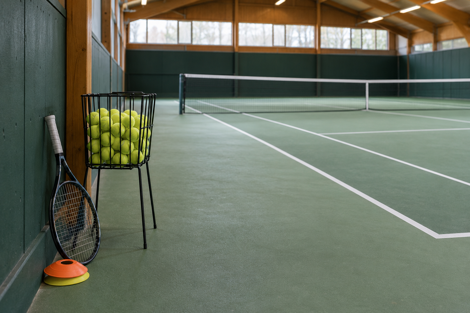 Ballkorb mit gelben Tennisbällen und Schläger am Rand einer Tennishalle neben der freien Spielfläche.