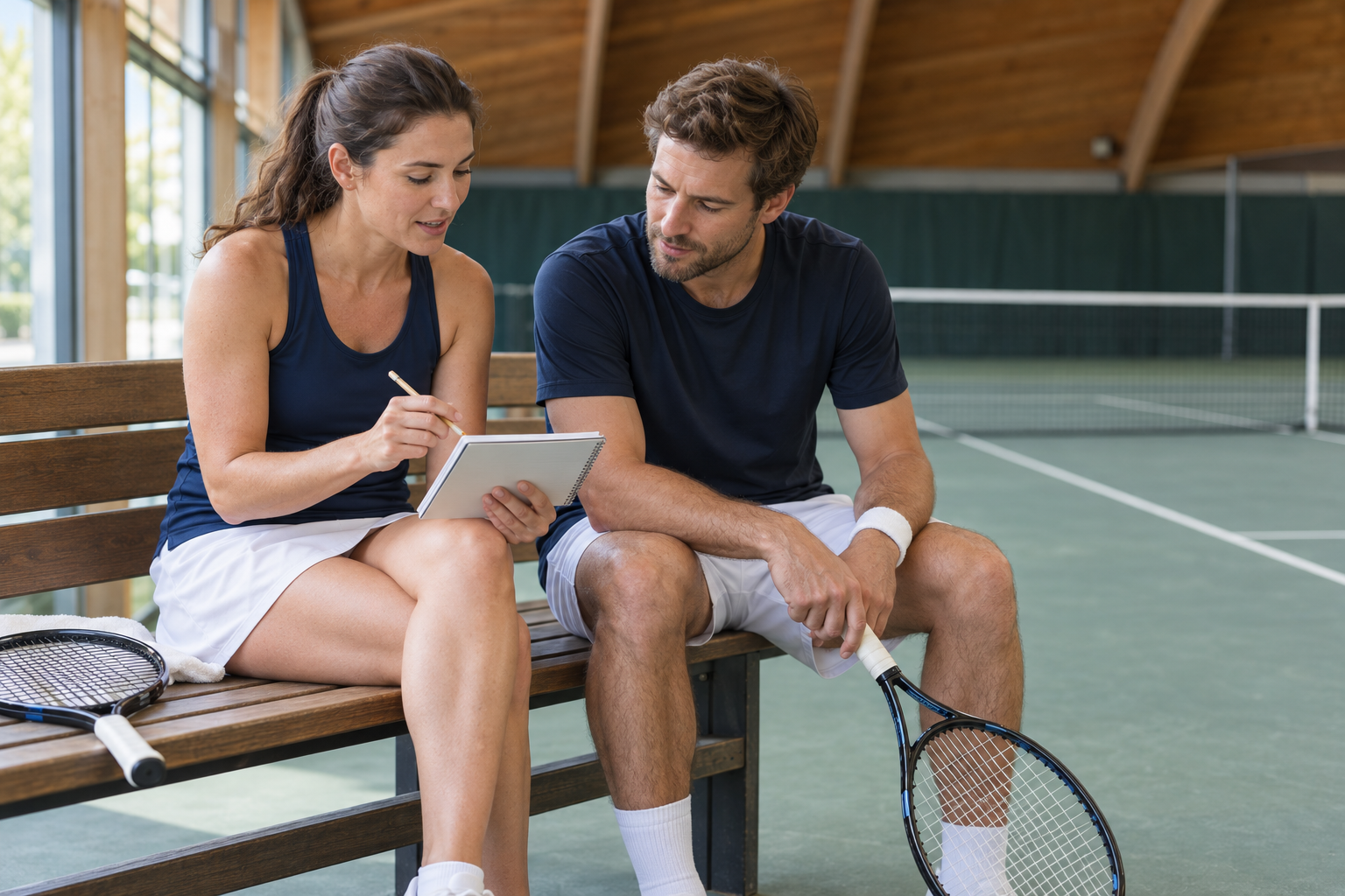 Zwei Tennispartner besprechen mit einem Notizbuch ihr Punktspiel-Training in einer Tennishalle.