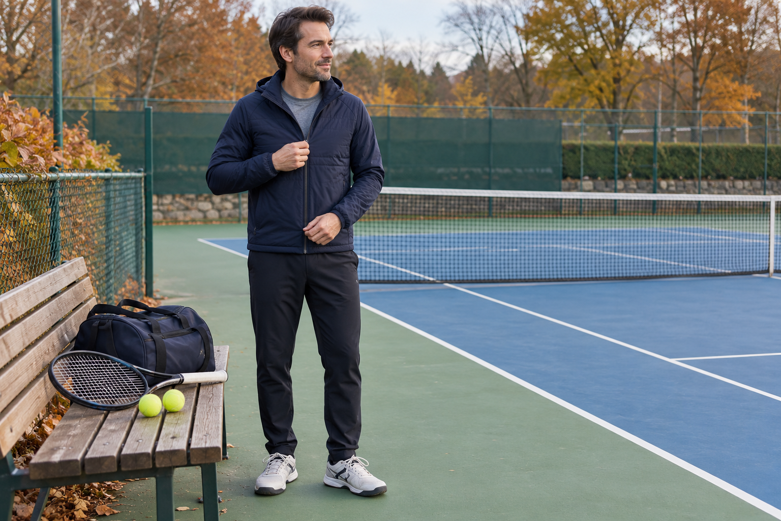 Tennisspieler schließt an einem Herbsttag seine Jacke neben einer Bank mit Schläger und Bällen.