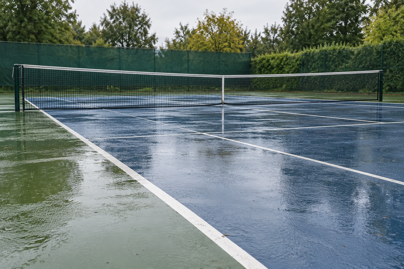 Leerer Tennis-Hartplatz mit nassen weißen Linien und Wasserfilm nach einem Regenschauer.